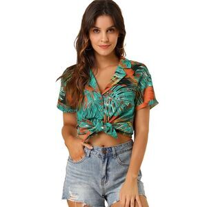 Women's Shirt Crop Top Floral Leaves Print Short Sleeve Button Down Black